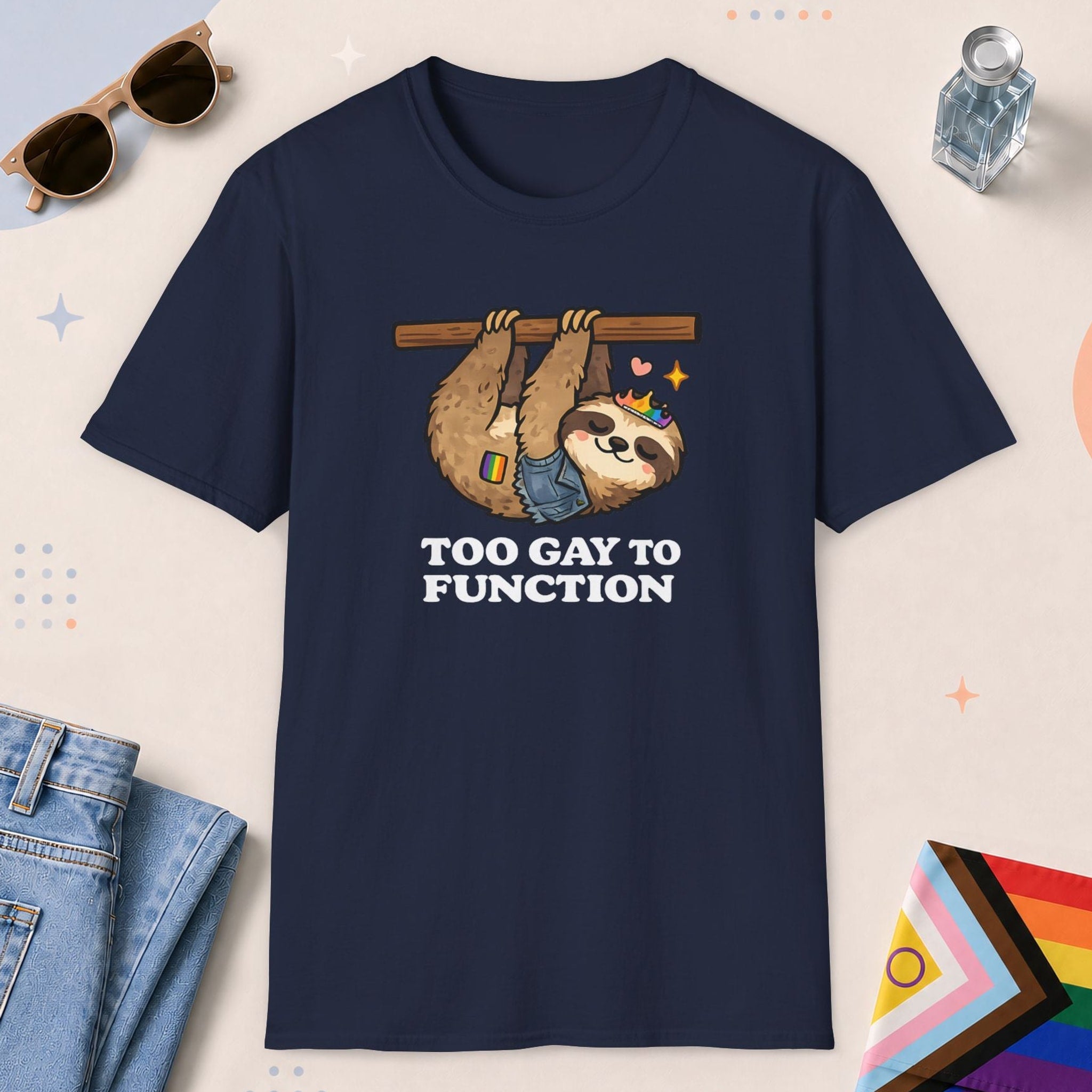 Navy color all-gender graphic t-shirt with "Too Gay Sloth" design