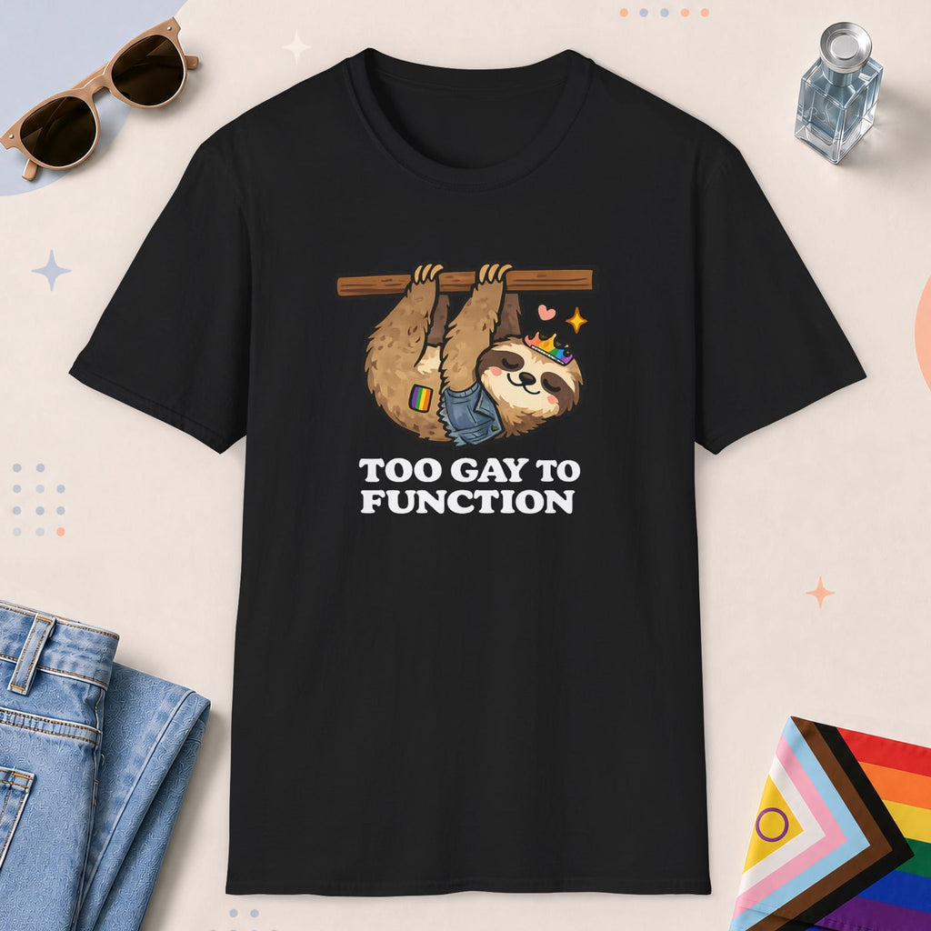 Black color all-gender graphic t-shirt with "Too Gay Sloth" design