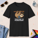 Black color all-gender graphic t-shirt with "Too Gay Sloth" design