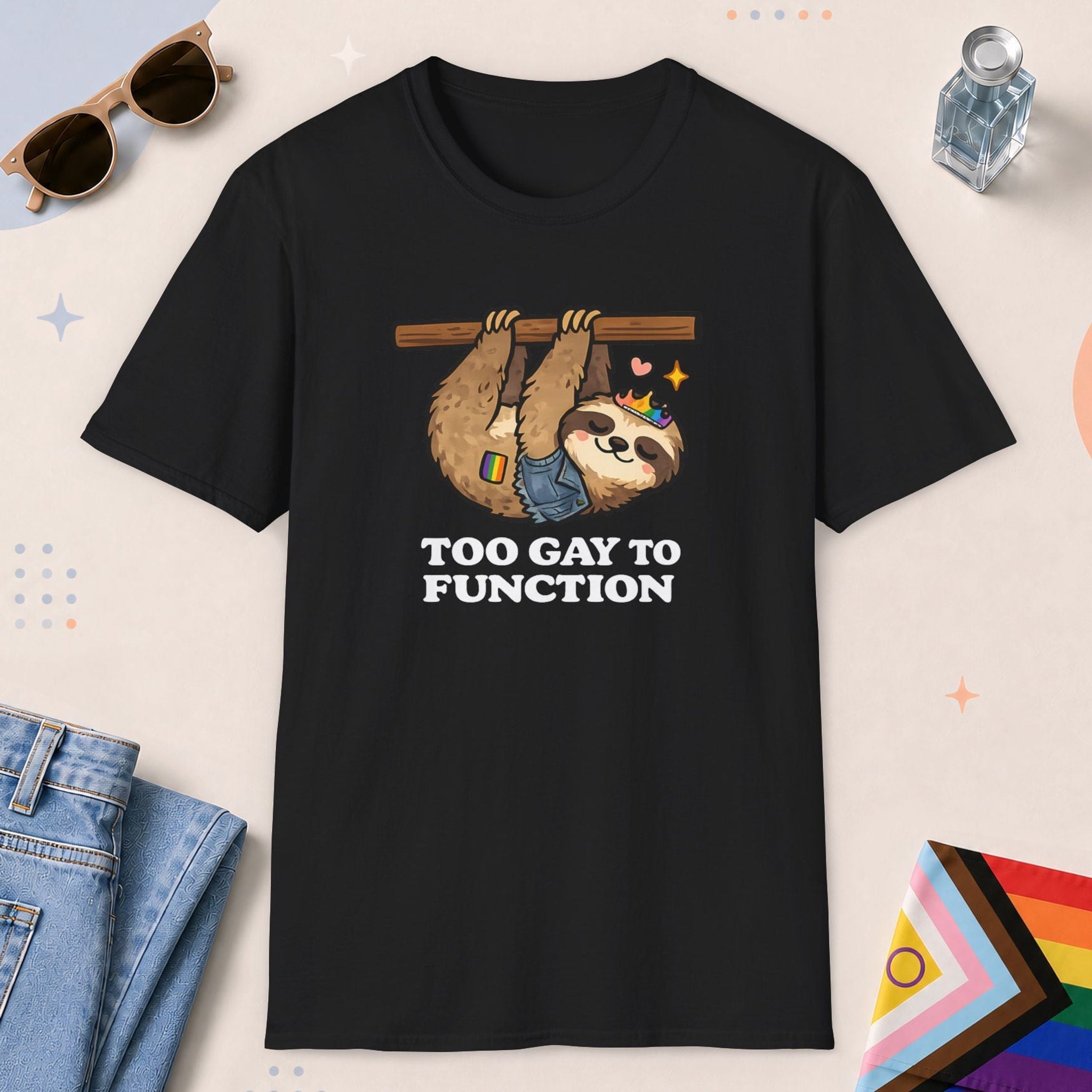 Black color all-gender graphic t-shirt with "Too Gay Sloth" design
