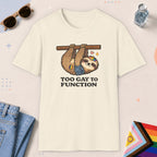 Natural color all-gender graphic t-shirt with "Too Gay Sloth" design