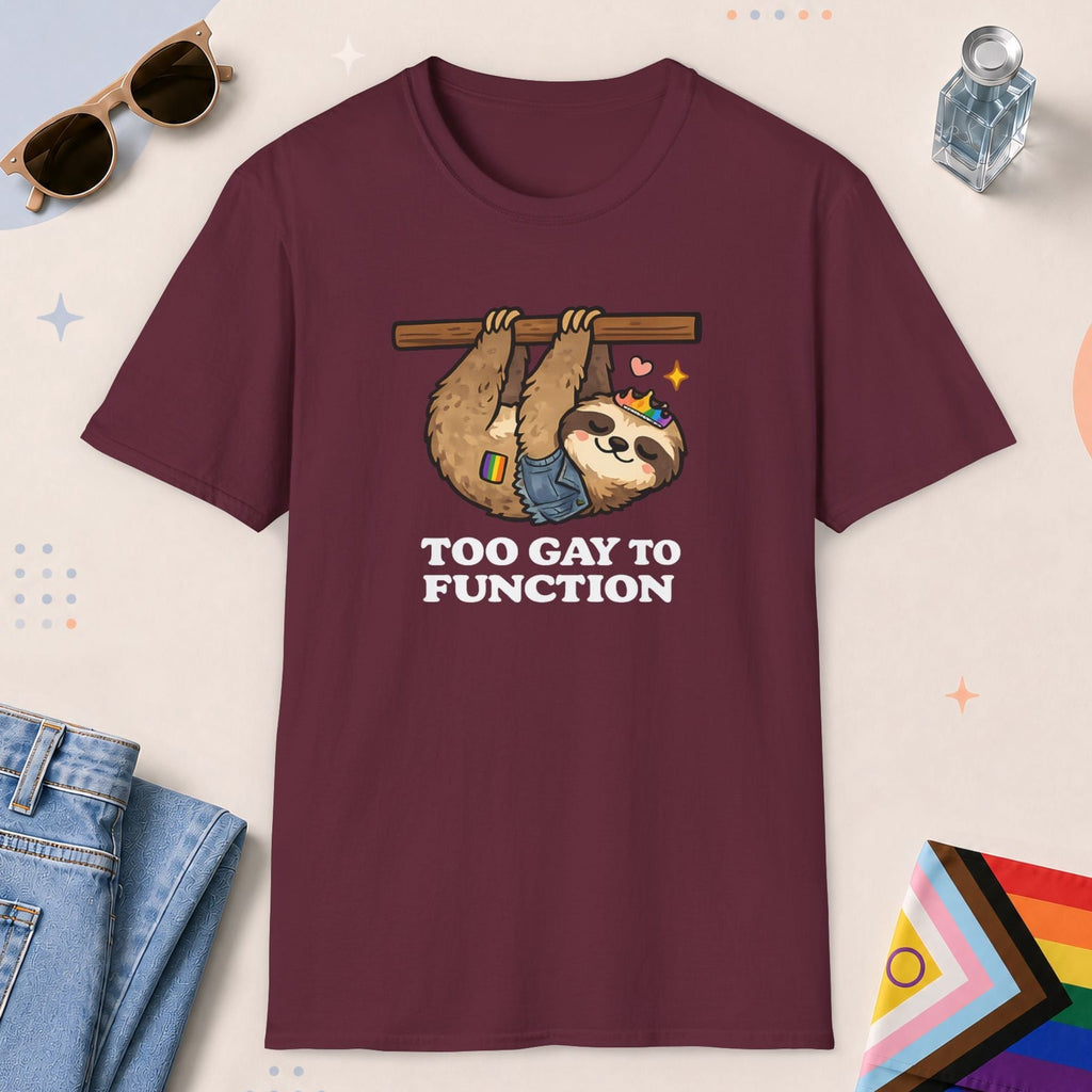 Maroon color all-gender graphic t-shirt with "Too Gay Sloth" design