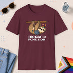 Maroon color all-gender graphic t-shirt with "Too Gay Sloth" design