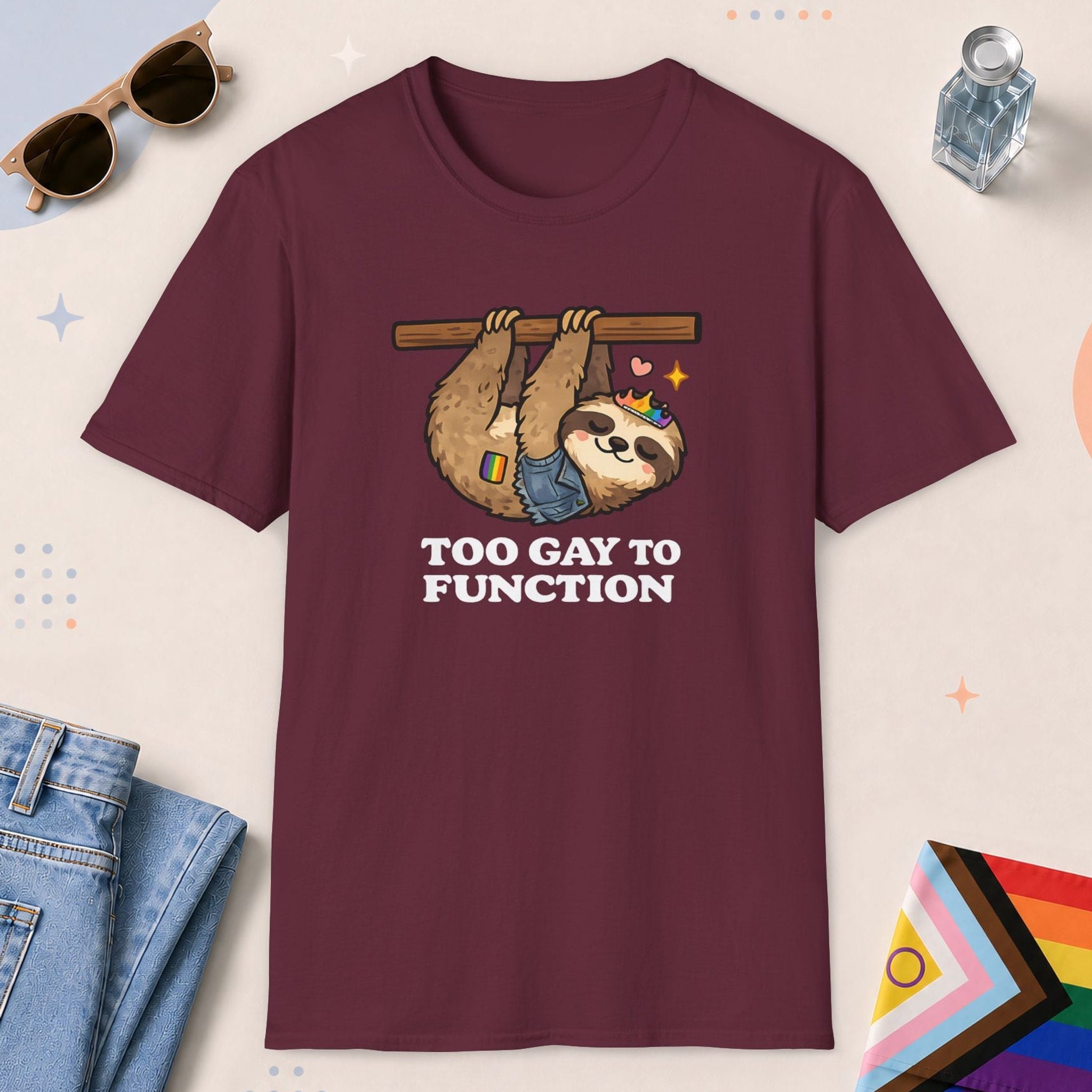 Maroon color all-gender graphic t-shirt with "Too Gay Sloth" design