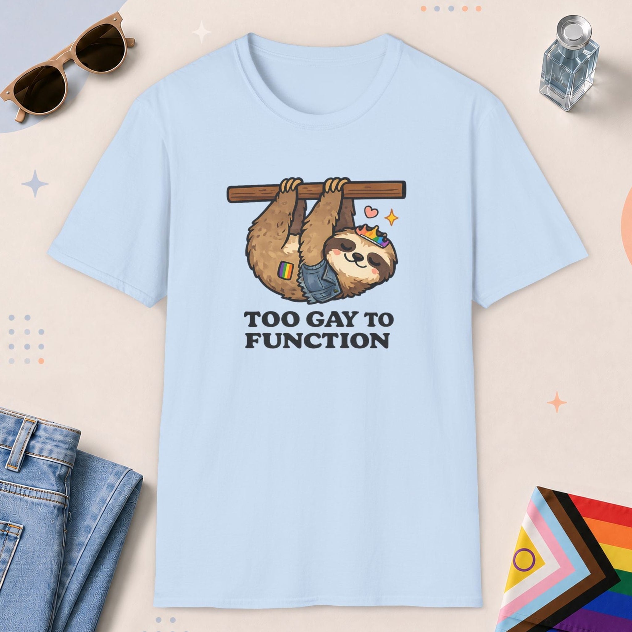 Light Blue color all-gender graphic t-shirt with "Too Gay Sloth" design