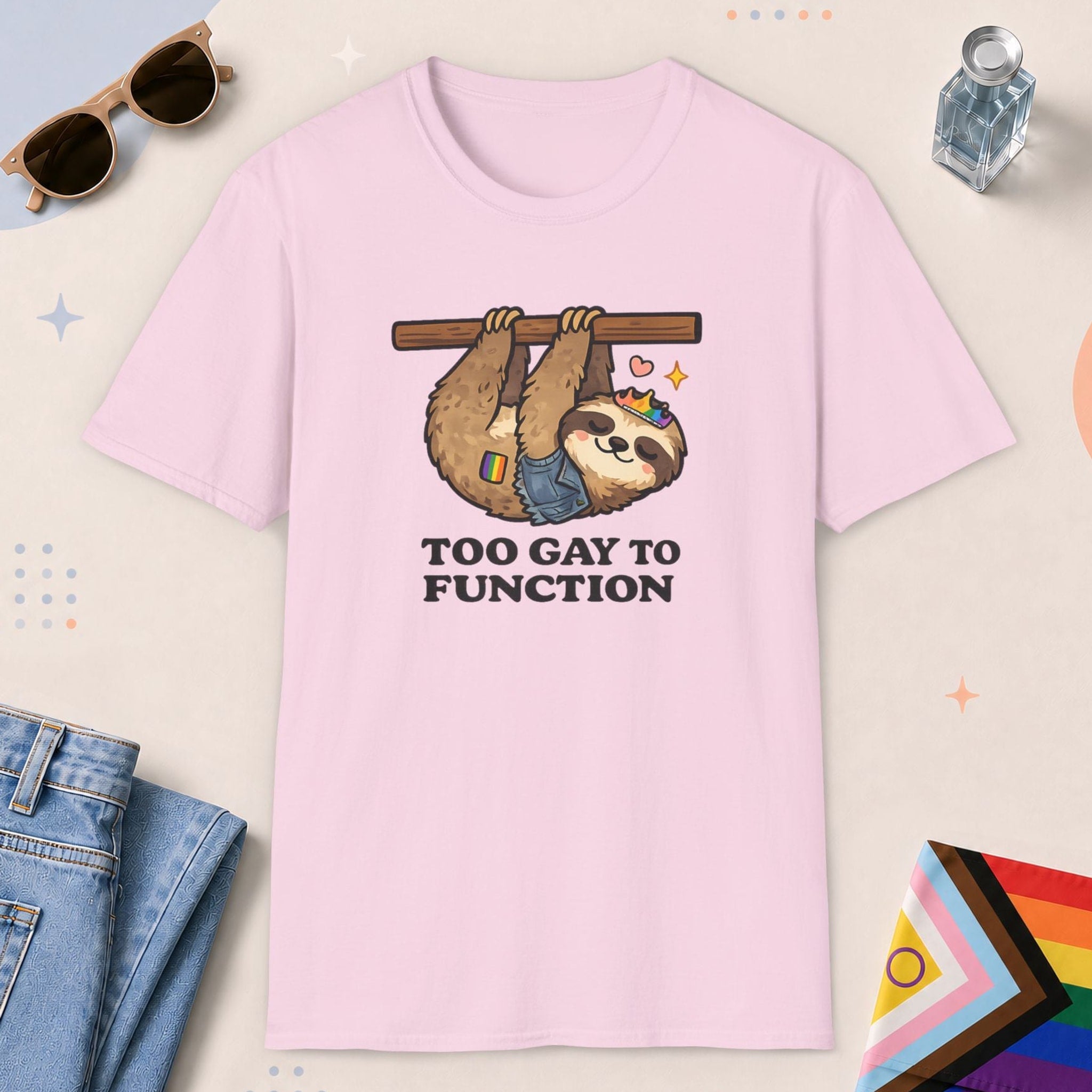 Light Pink color all-gender graphic t-shirt with "Too Gay Sloth" design