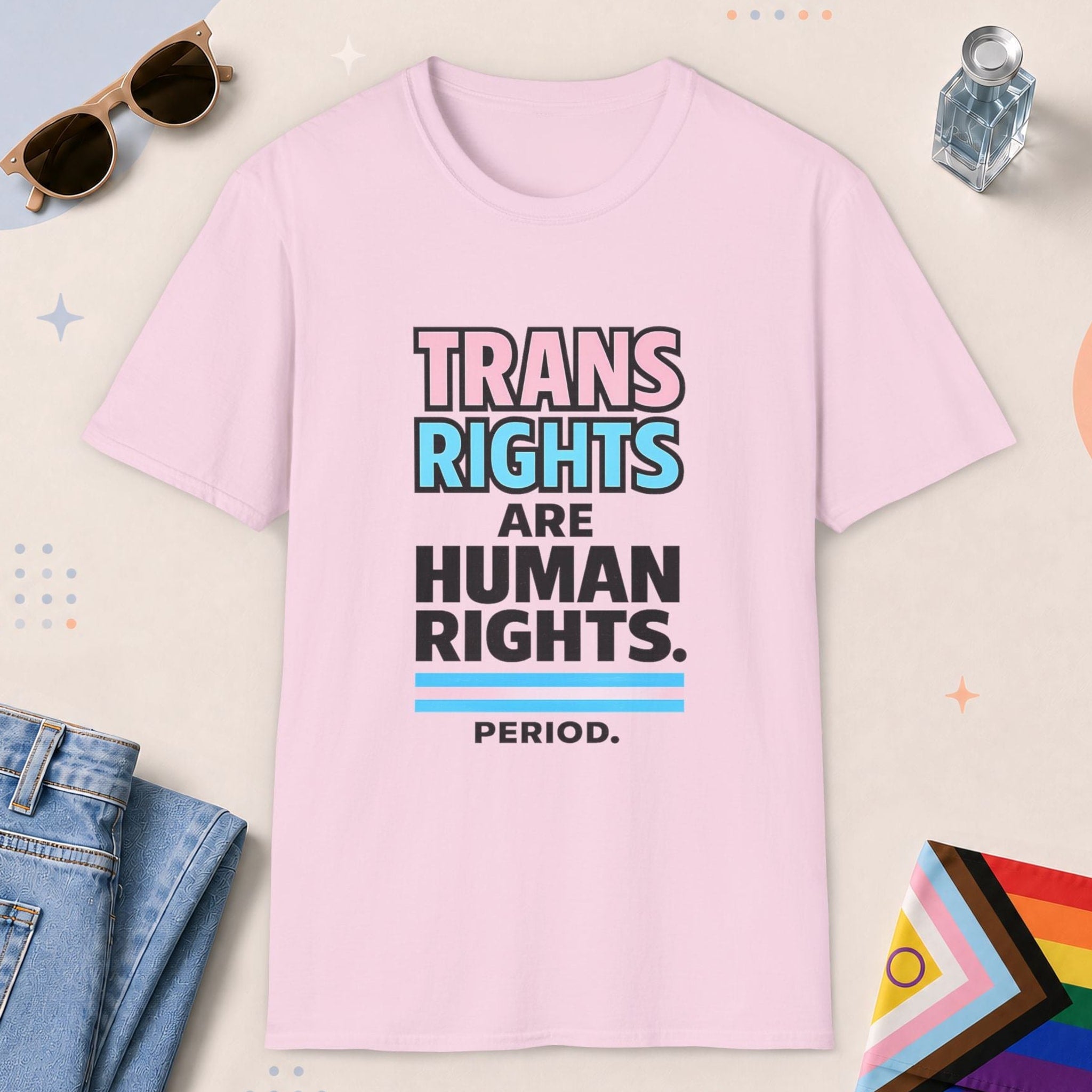 Light Pink color all-gender graphic t-shirt with "Trans Rights" design