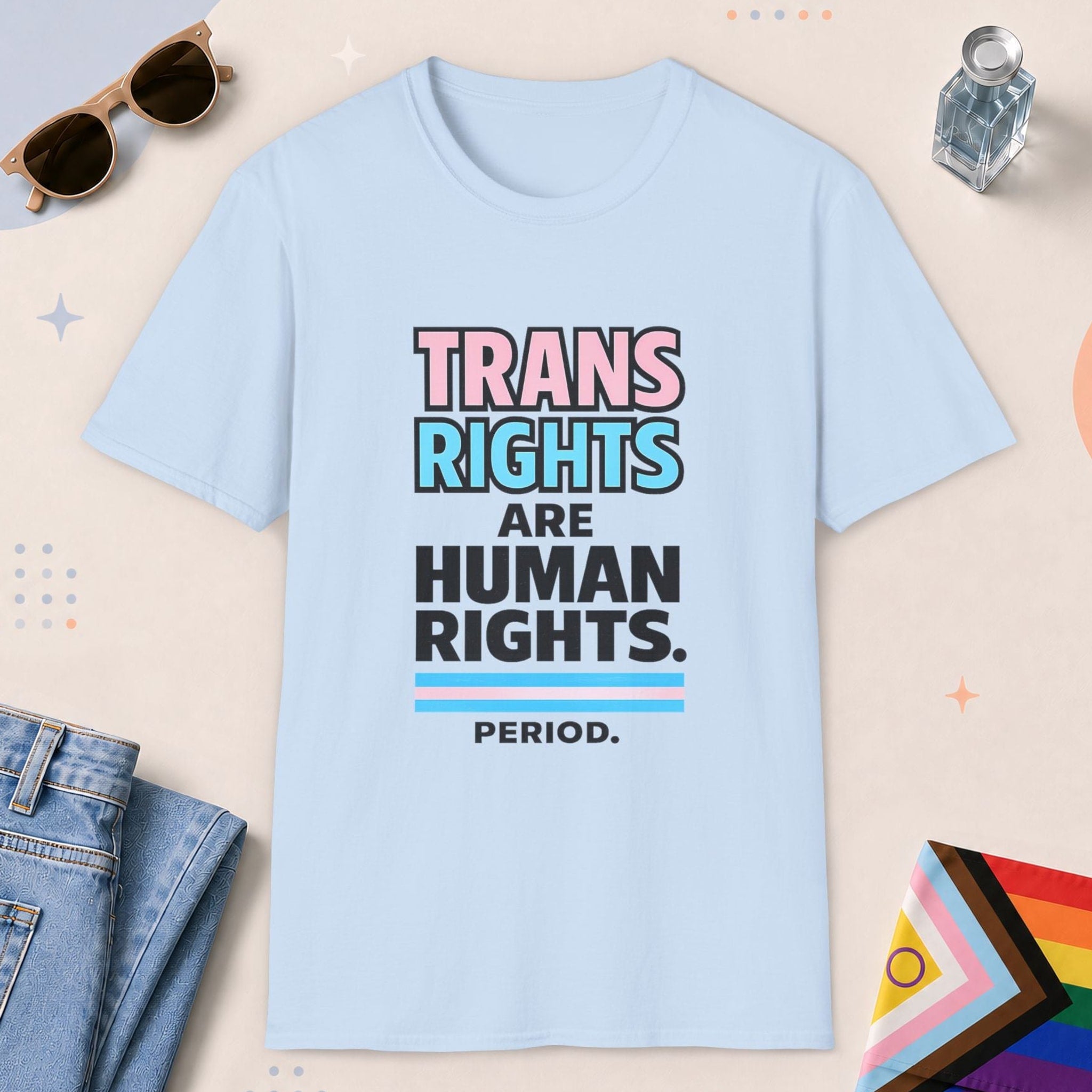 Light Blue color all-gender graphic t-shirt with "Trans Rights" design