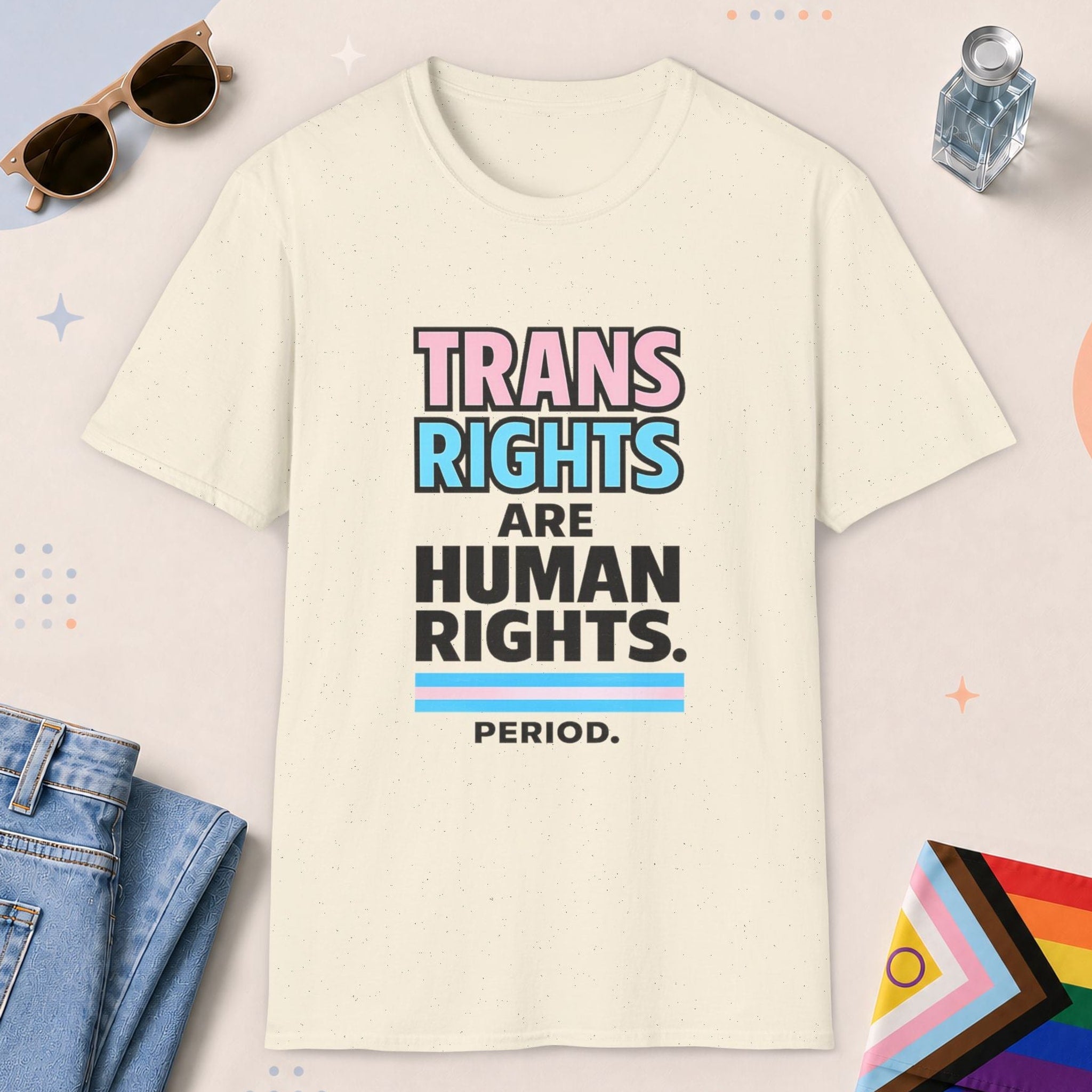 Natural color all-gender graphic t-shirt with "Trans Rights" design