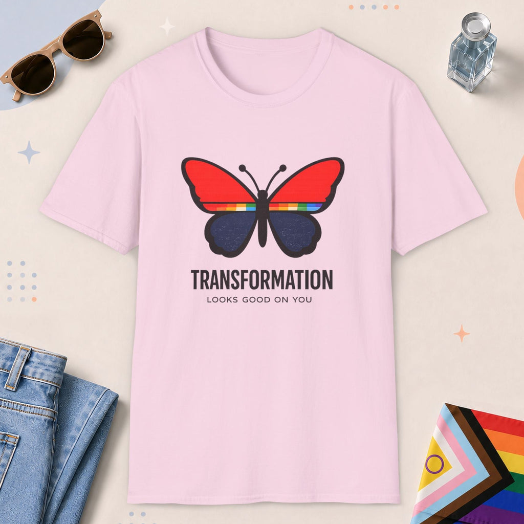 Light Pink color all-gender graphic t-shirt with "Transformation Looks Good" design