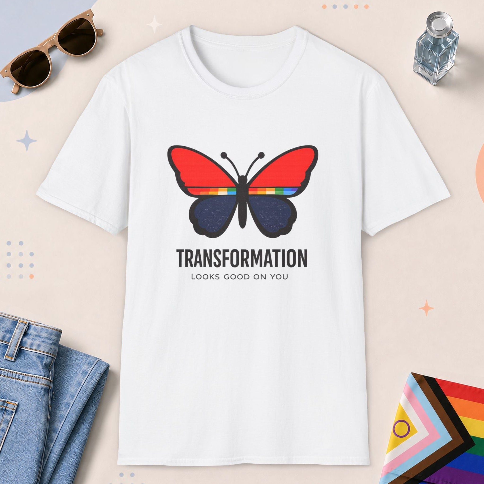 White color all-gender graphic t-shirt with "Transformation Looks Good" design