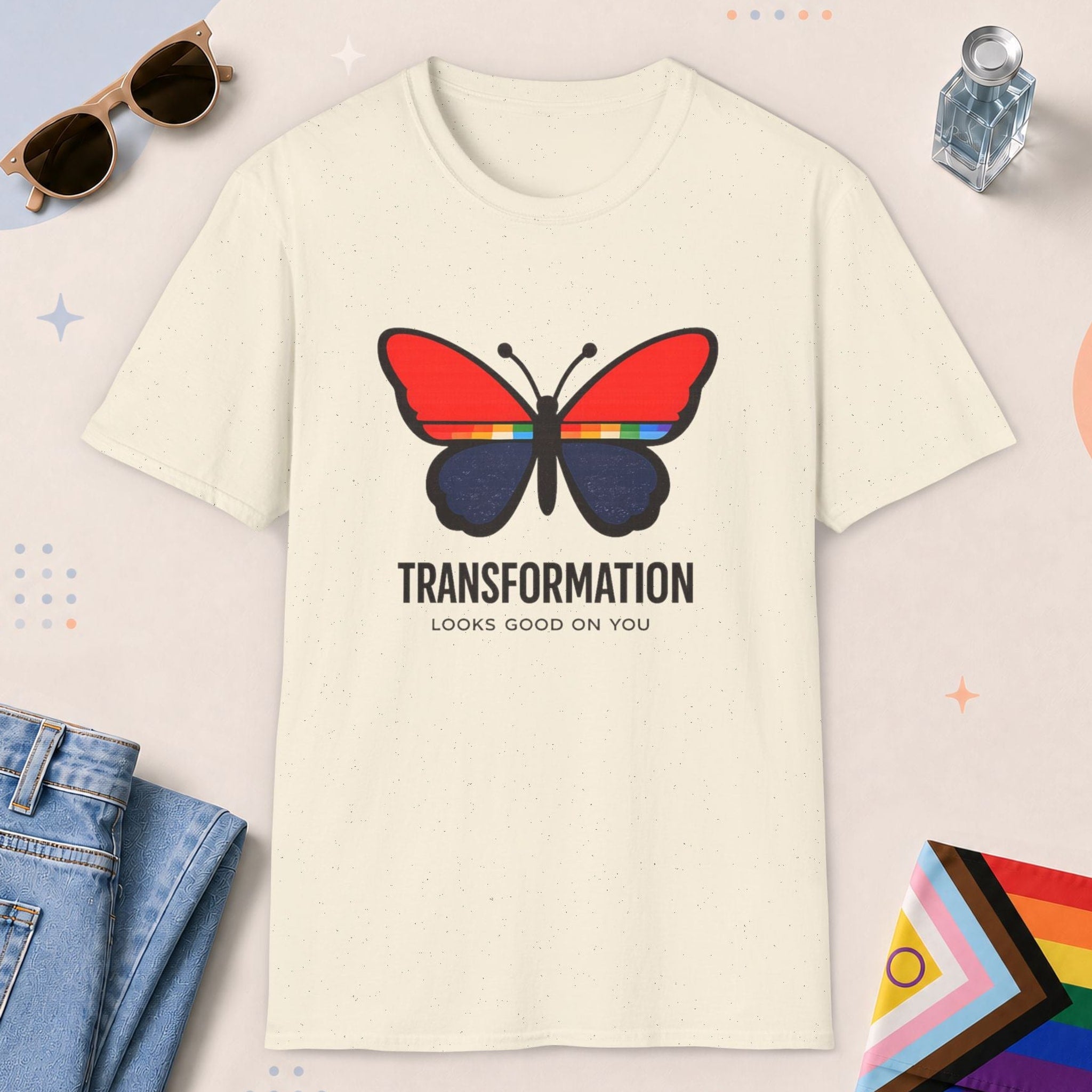 Natural color all-gender graphic t-shirt with "Transformation Looks Good" design
