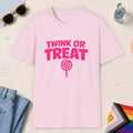 Light Pink color all-gender graphic t-shirt with "Twink Or Treat" design