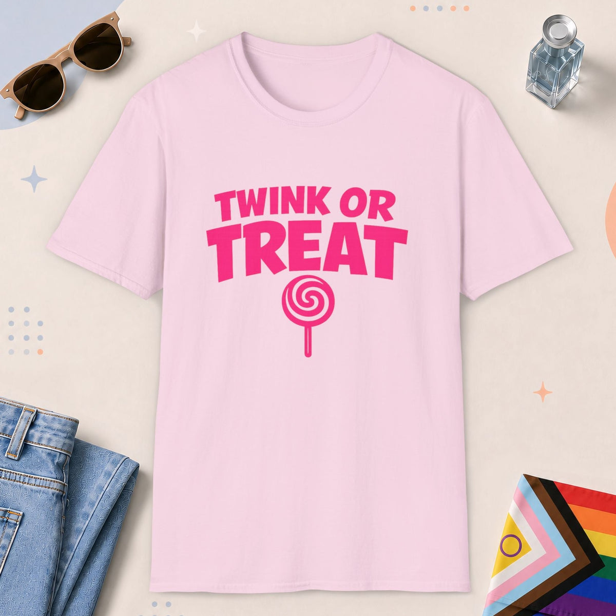 Light Pink color all-gender graphic t-shirt with "Twink Or Treat" design