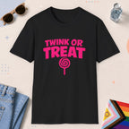 Black color all-gender graphic t-shirt with "Twink Or Treat" design