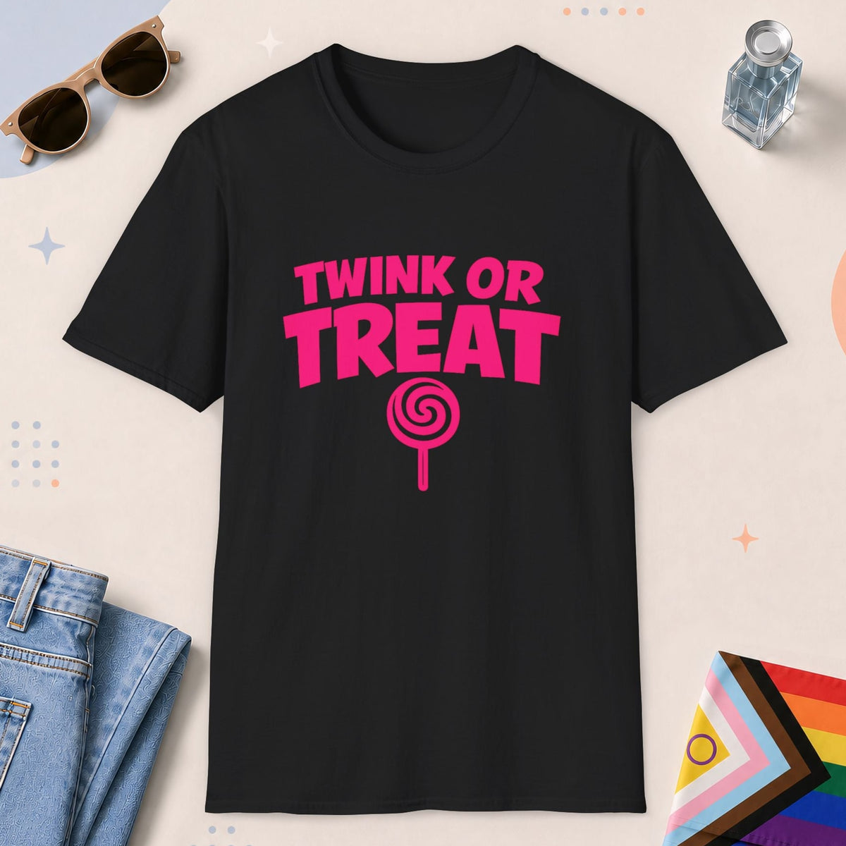 Black color all-gender graphic t-shirt with "Twink Or Treat" design