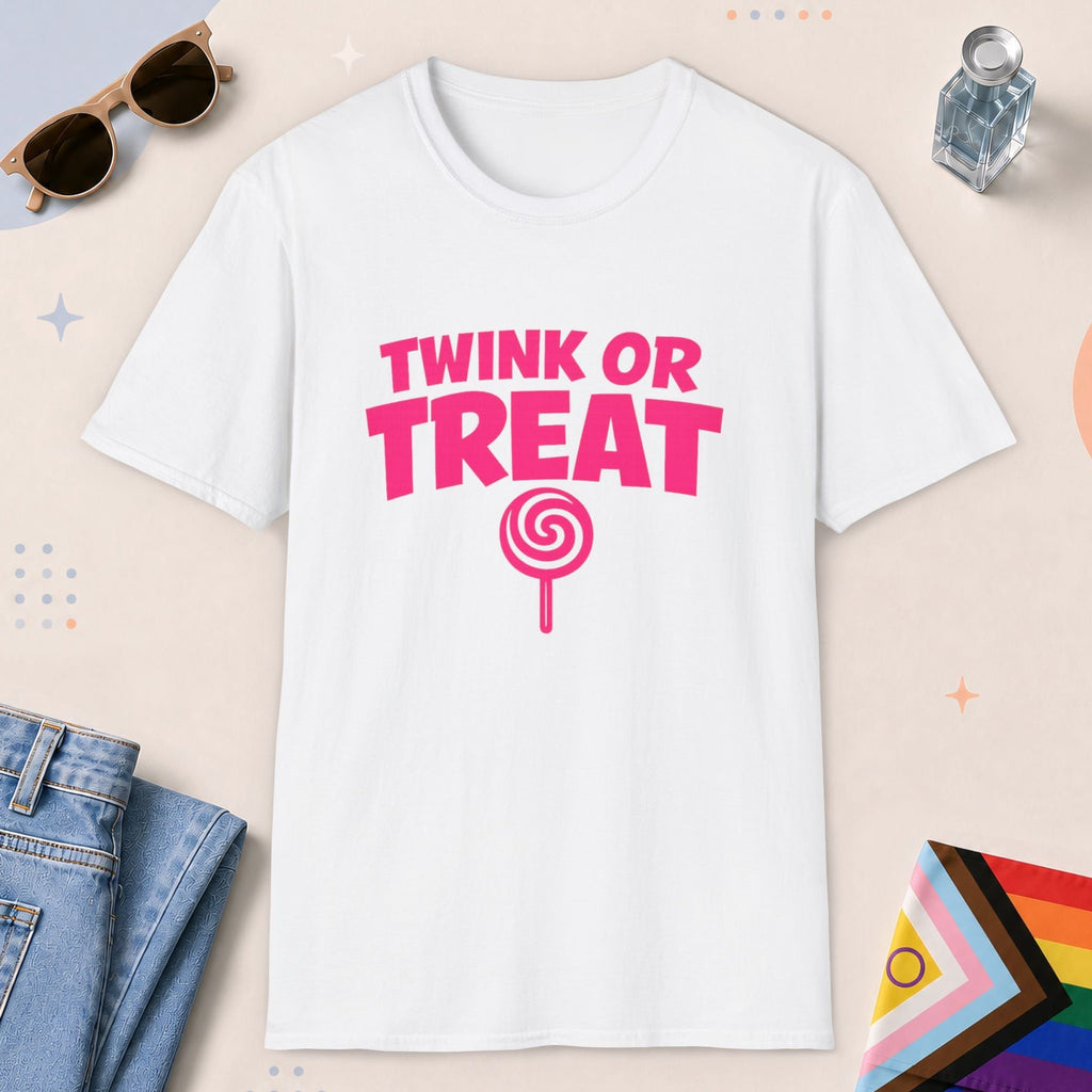 White color all-gender graphic t-shirt with "Twink Or Treat" design