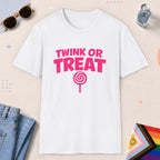 White color all-gender graphic t-shirt with "Twink Or Treat" design