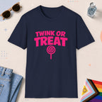 Navy color all-gender graphic t-shirt with "Twink Or Treat" design