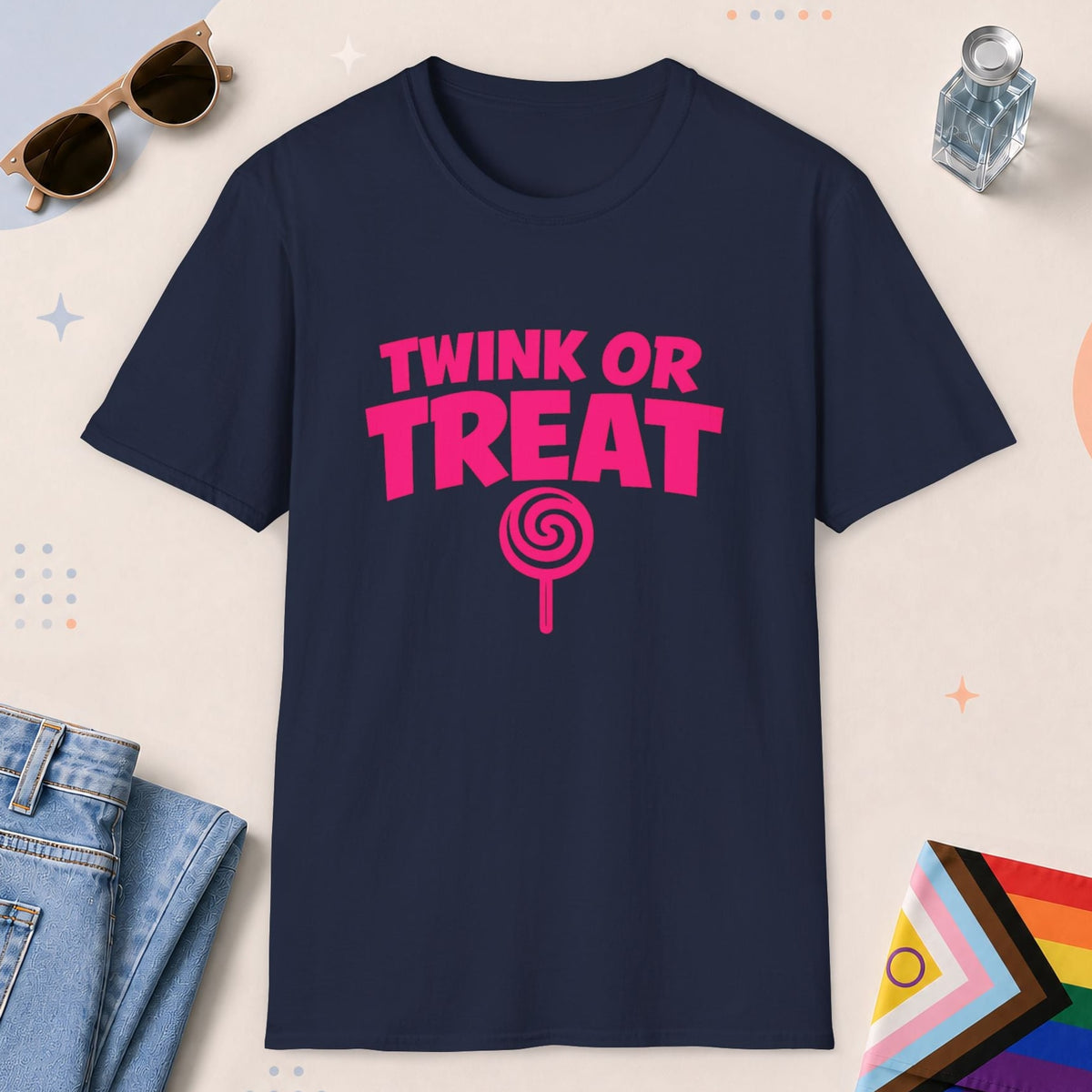Navy color all-gender graphic t-shirt with "Twink Or Treat" design