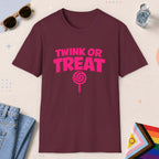 Maroon color all-gender graphic t-shirt with "Twink Or Treat" design
