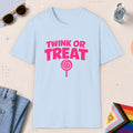 Light Blue color all-gender graphic t-shirt with "Twink Or Treat" design