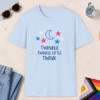 Light Blue color all-gender graphic t-shirt with "Twinkle Little Twink" design