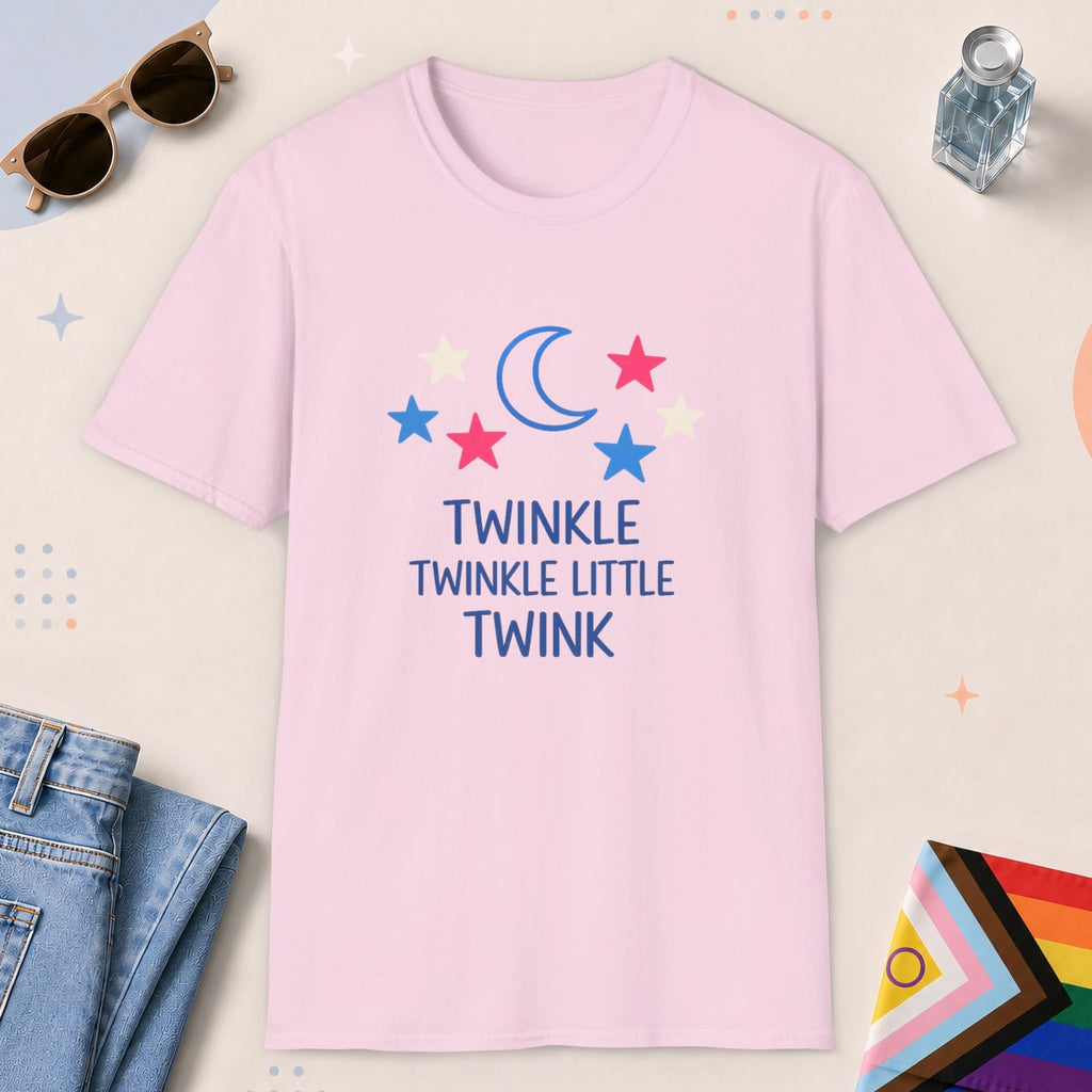 Light Pink color all-gender graphic t-shirt with "Twinkle Little Twink" design