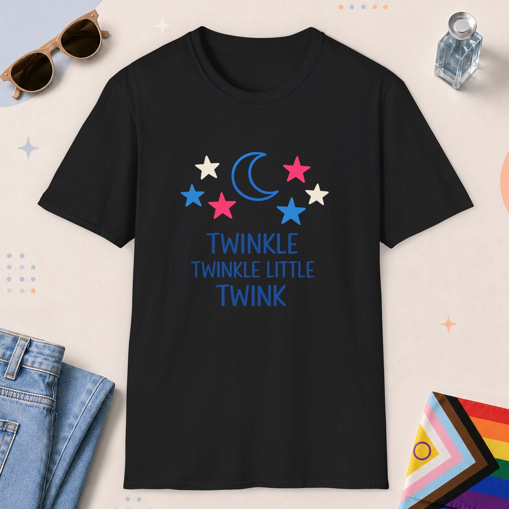 Black color all-gender graphic t-shirt with "Twinkle Little Twink" design