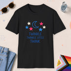 Black color all-gender graphic t-shirt with "Twinkle Little Twink" design