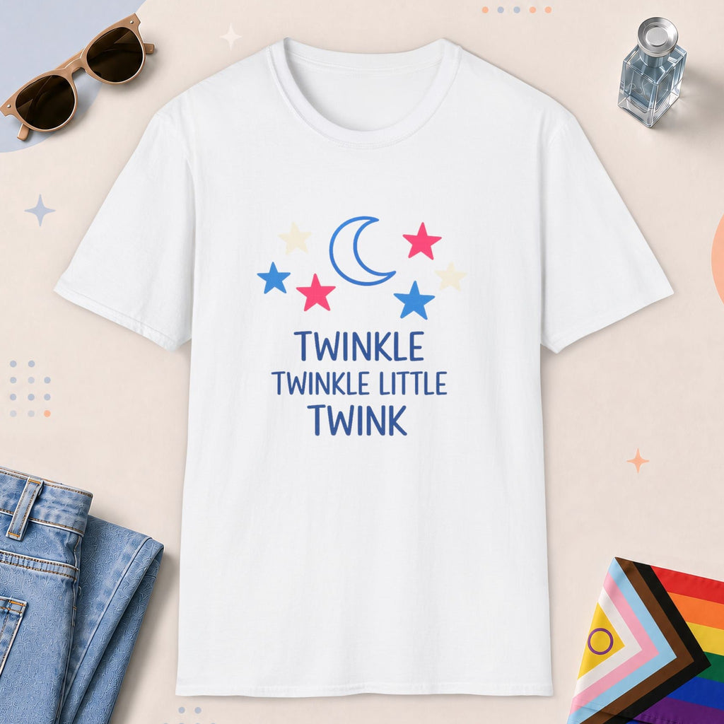 White color all-gender graphic t-shirt with "Twinkle Little Twink" design