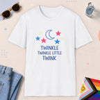 White color all-gender graphic t-shirt with "Twinkle Little Twink" design