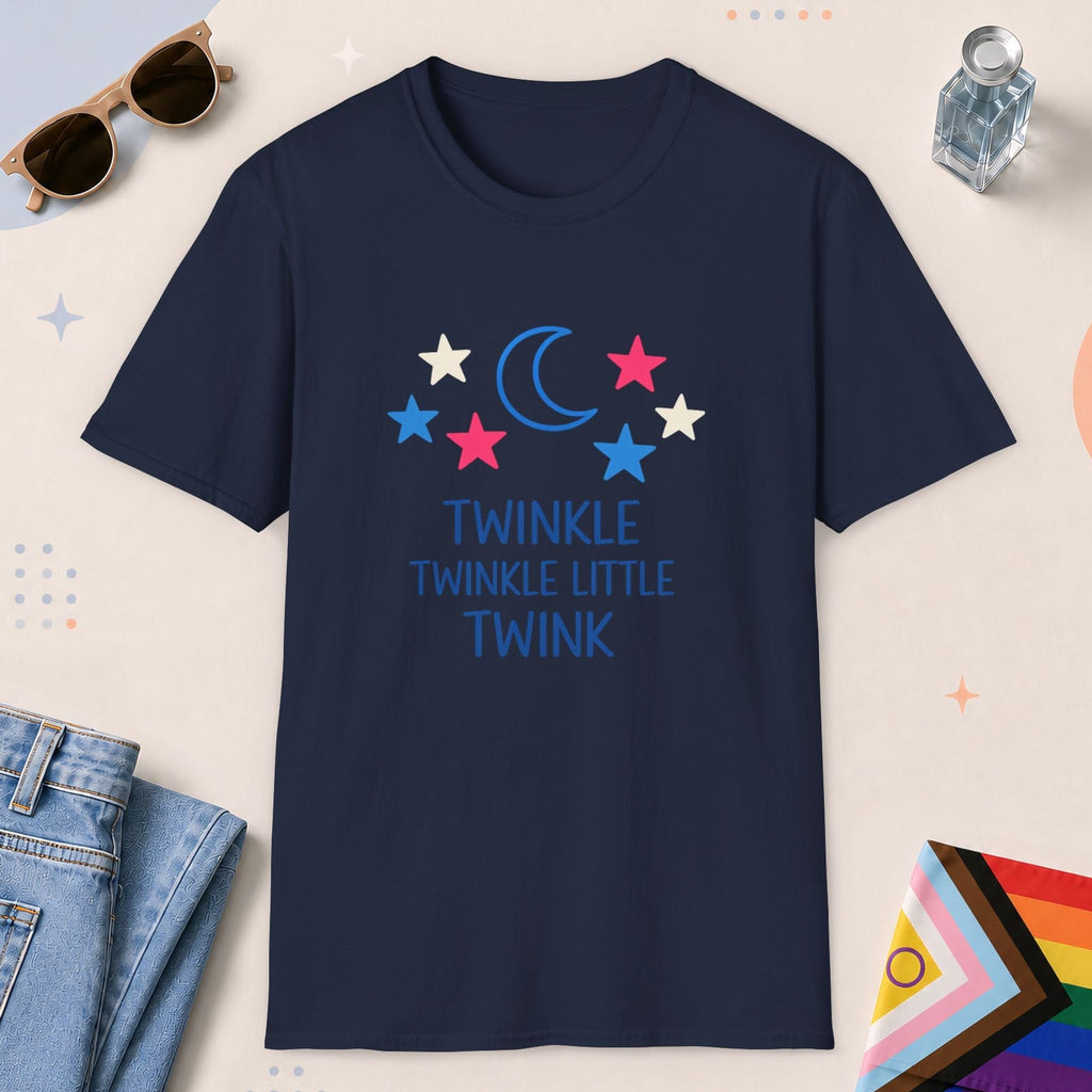 Navy color all-gender graphic t-shirt with "Twinkle Little Twink" design