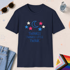 Navy color all-gender graphic t-shirt with "Twinkle Little Twink" design