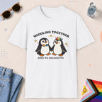 White color all-gender graphic t-shirt with "Waddling Together" design