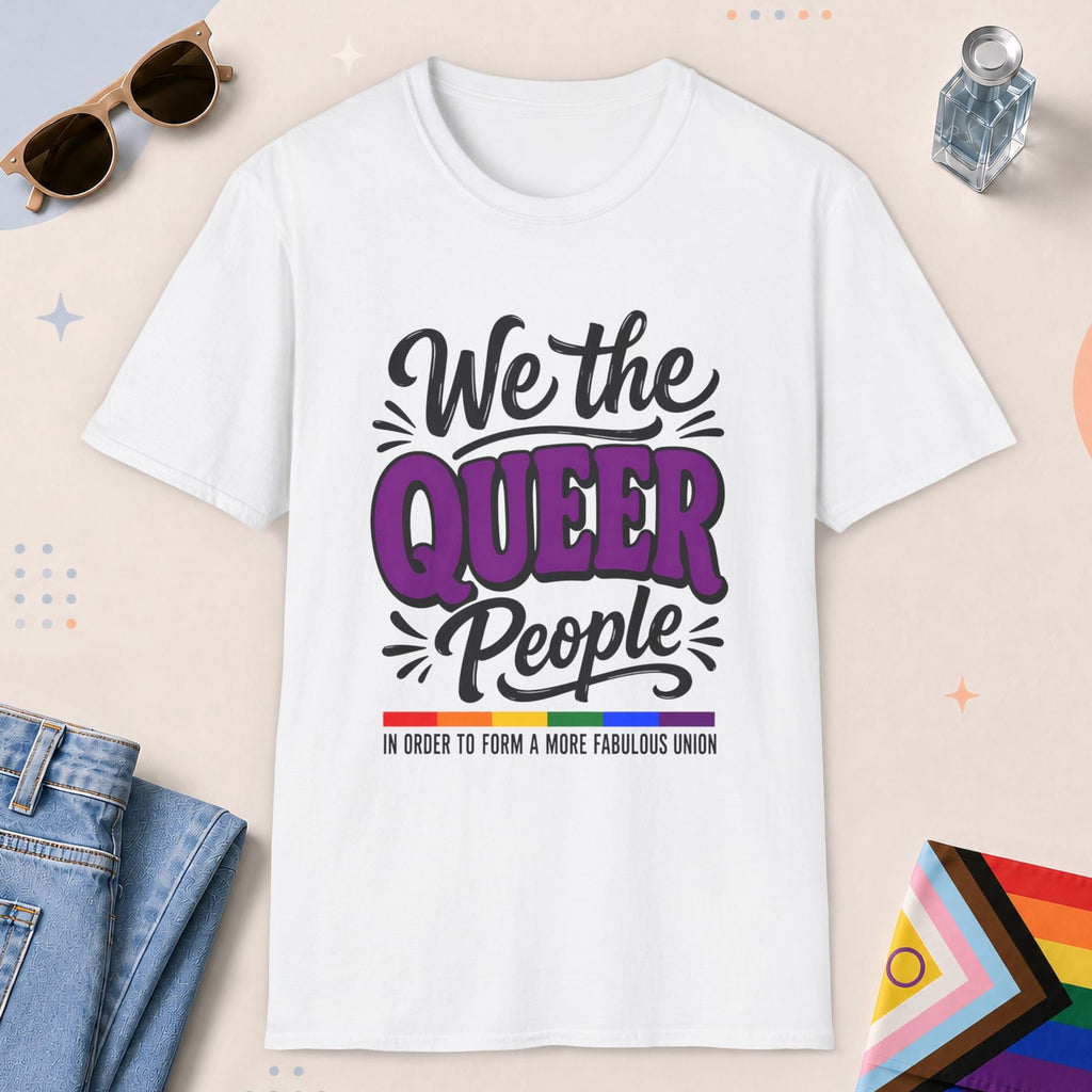 White color all-gender graphic t-shirt with "We The Queer People" design