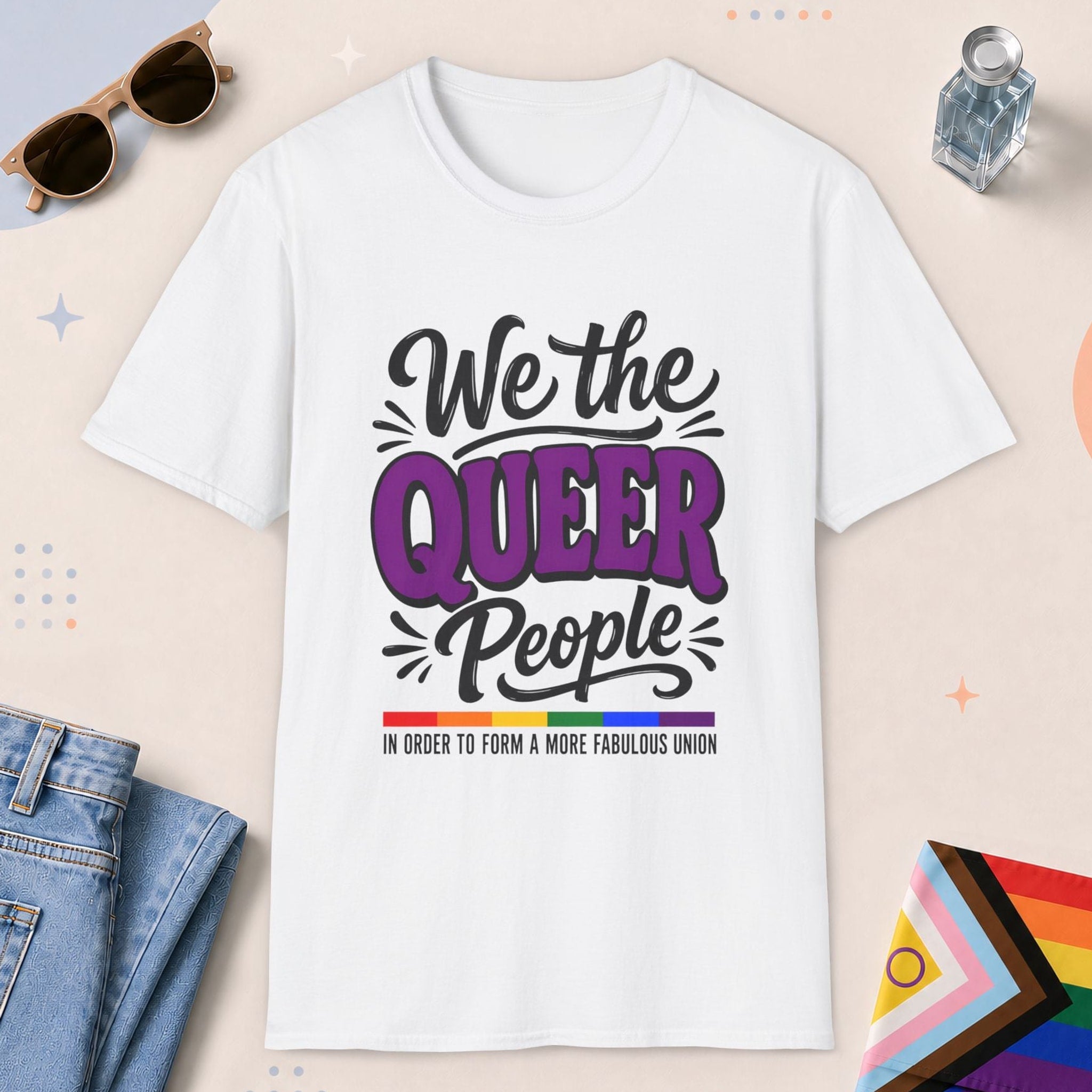 White color all-gender graphic t-shirt with "We The Queer People" design