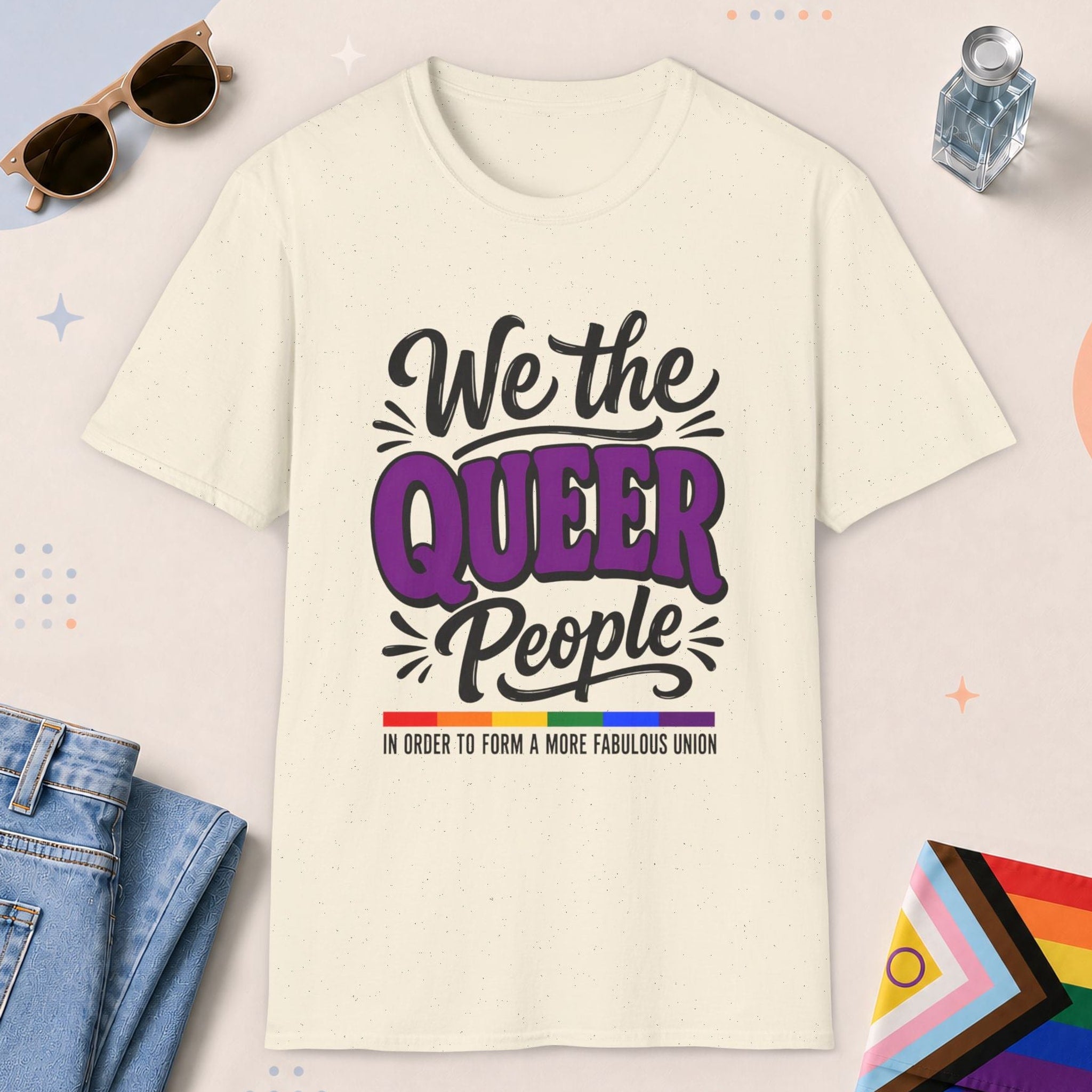 Natural color all-gender graphic t-shirt with "We The Queer People" design