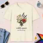Natural color all-gender graphic t-shirt with "Wildly Queer" design