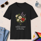 Black color all-gender graphic t-shirt with "Wildly Queer" design