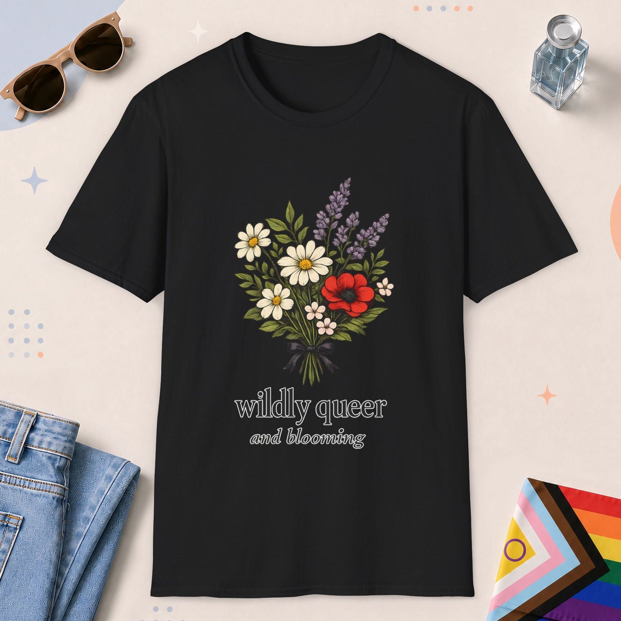 Black color all-gender graphic t-shirt with "Wildly Queer" design