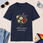 Navy color all-gender graphic t-shirt with "Wildly Queer" design