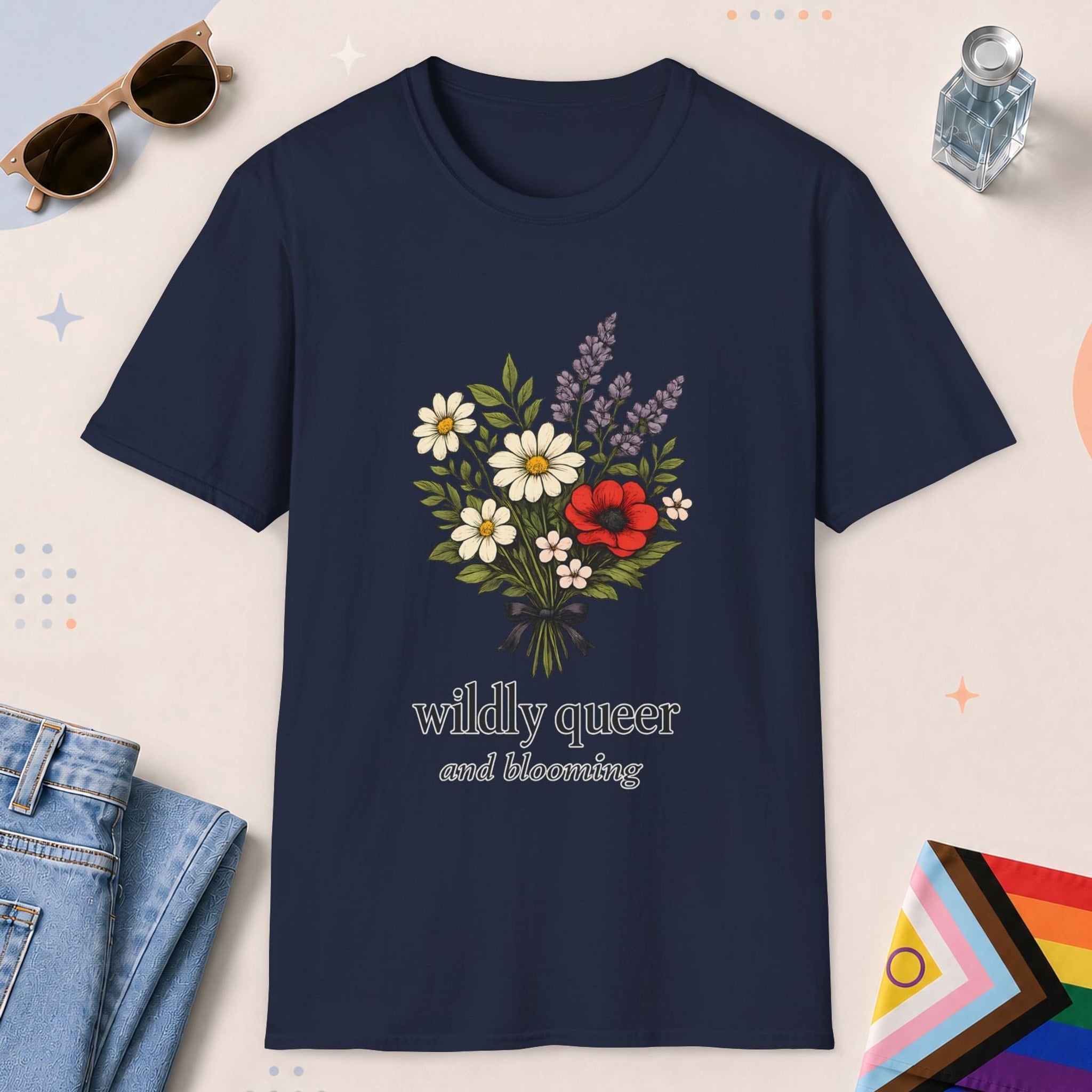Navy color all-gender graphic t-shirt with "Wildly Queer" design