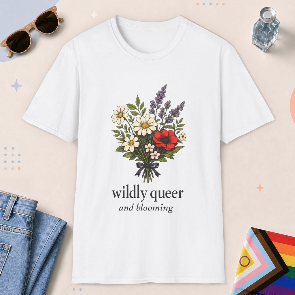 White color all-gender graphic t-shirt with "Wildly Queer" design