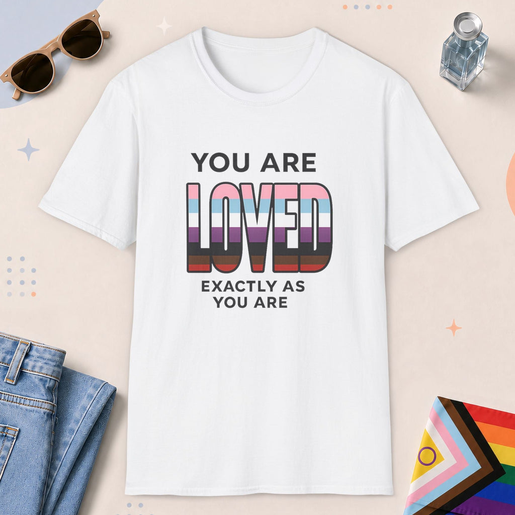 White color all-gender graphic t-shirt with "You Are Loved" design