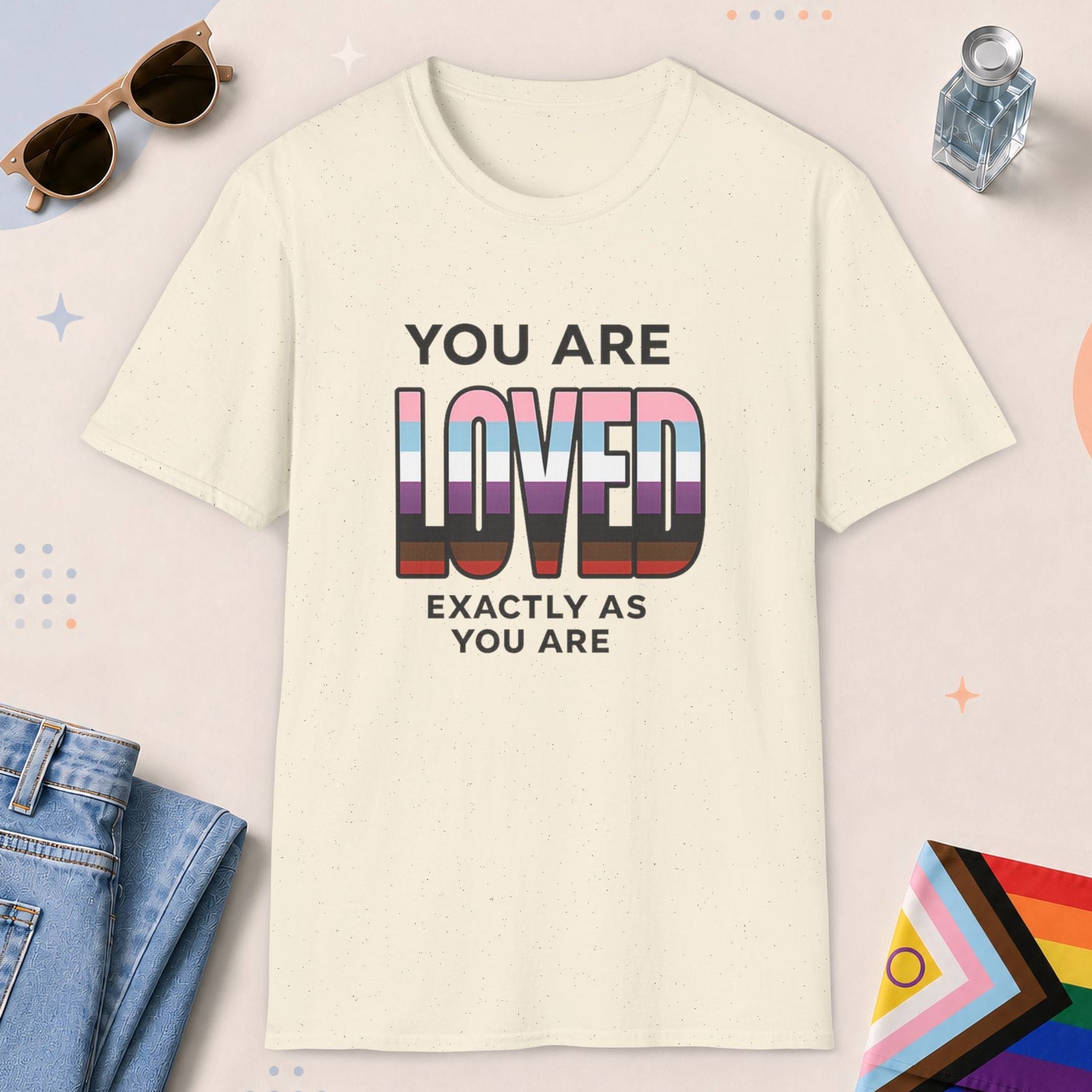 Natural color all-gender graphic t-shirt with "You Are Loved" design