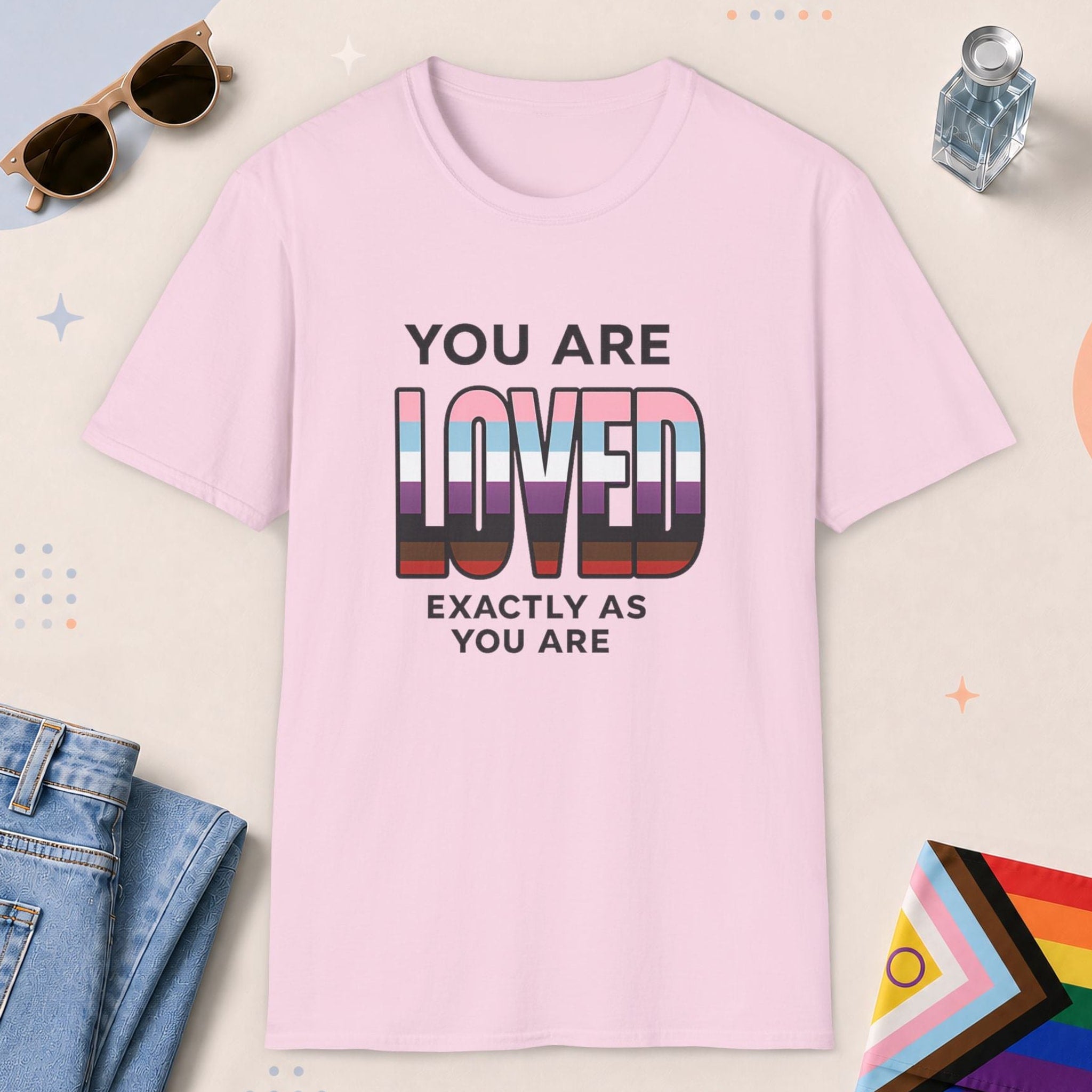 Light Pink color all-gender graphic t-shirt with "You Are Loved" design